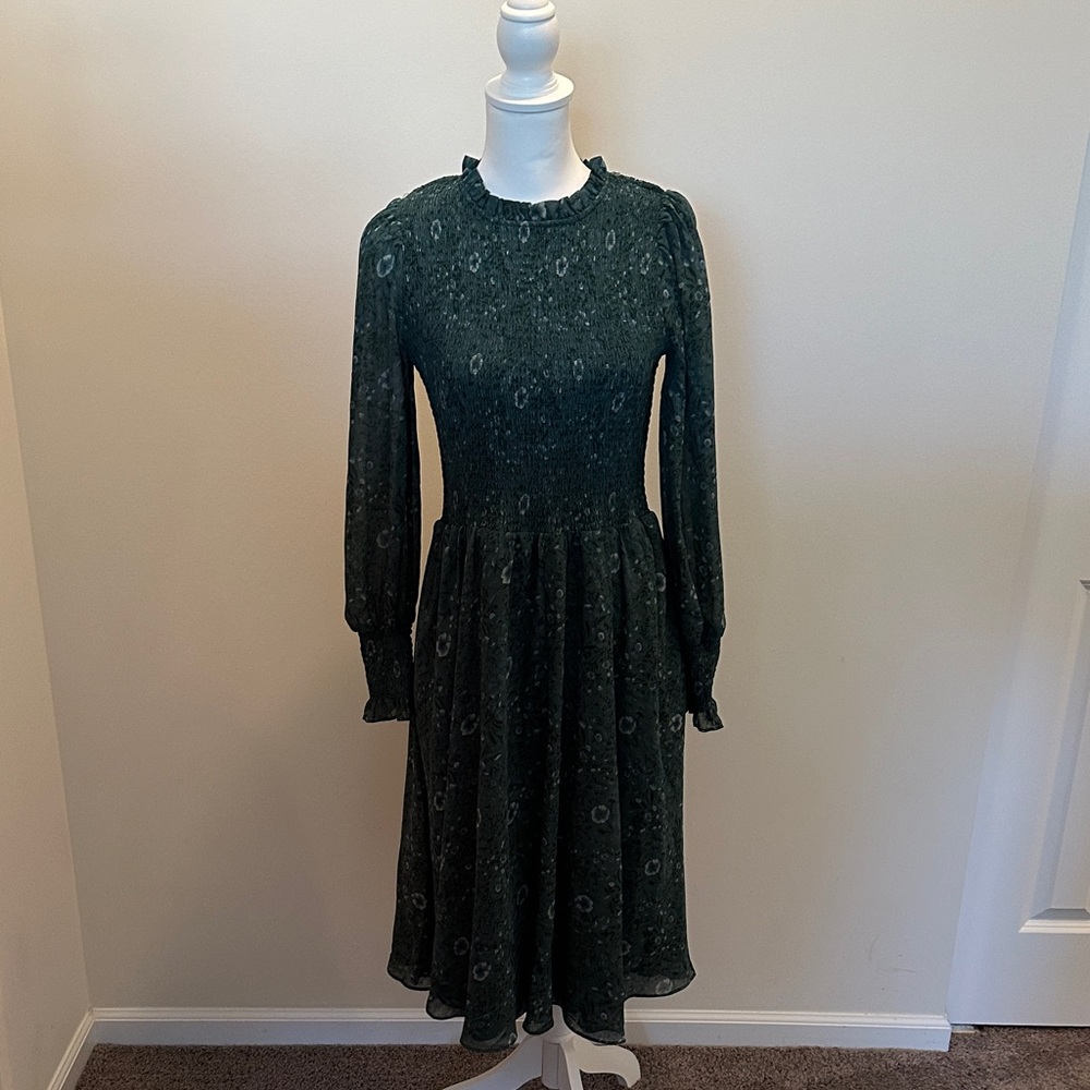Madewell Green Floral Open Back Long Sleeve Dress